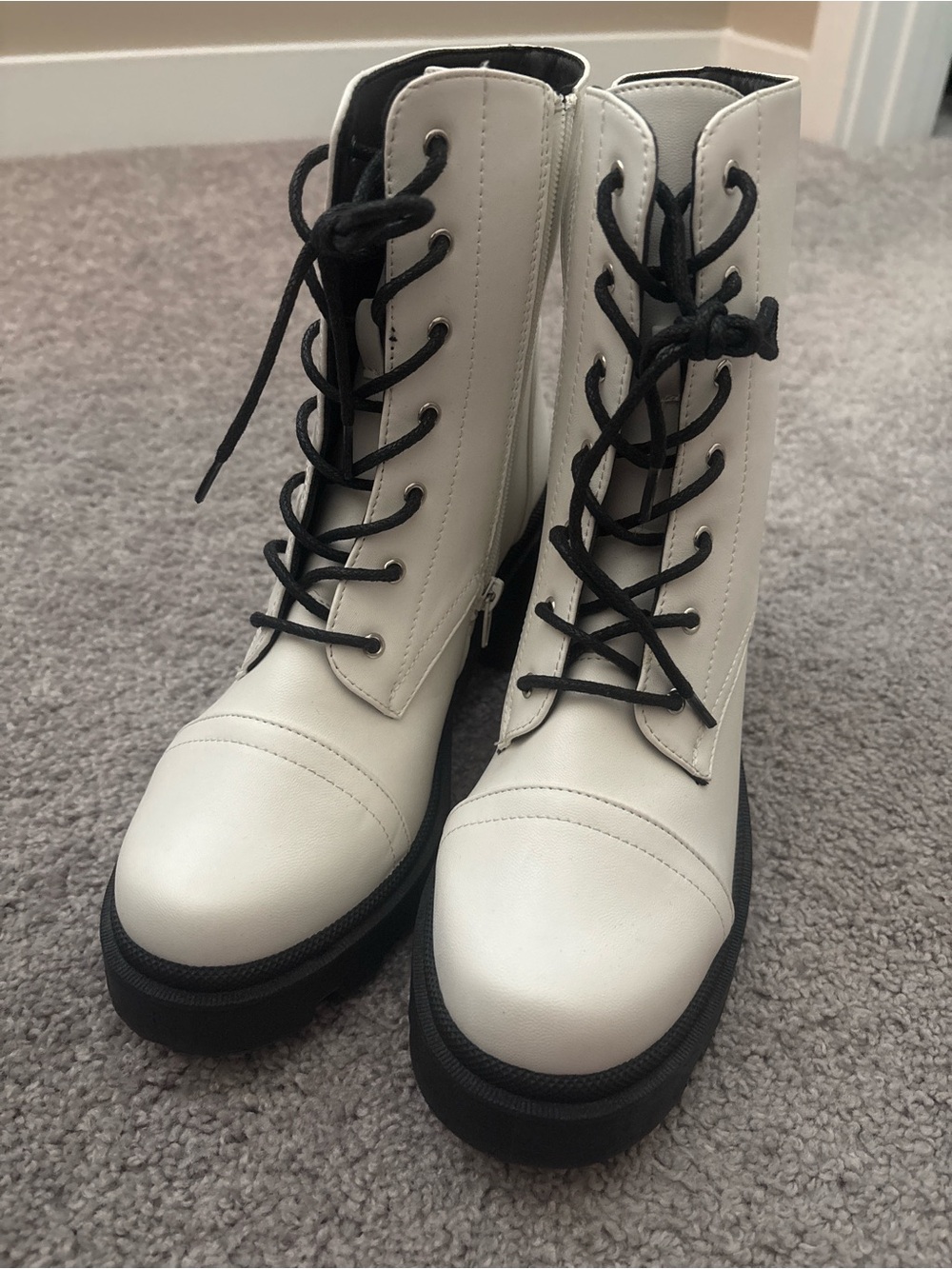 Wild Diva Cream Lace-Up Platform Combat Boots with Black Laces